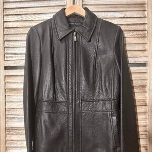 Anne Klein Chocolate Brown Leather Jacket Fitted Zip-Up Size Medium